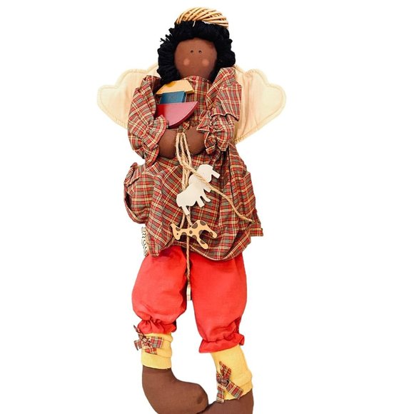 Vintage Hand Made African American Cloth Doll Angel Wood Animal Accents 22" Tall - Picture 5 of 9